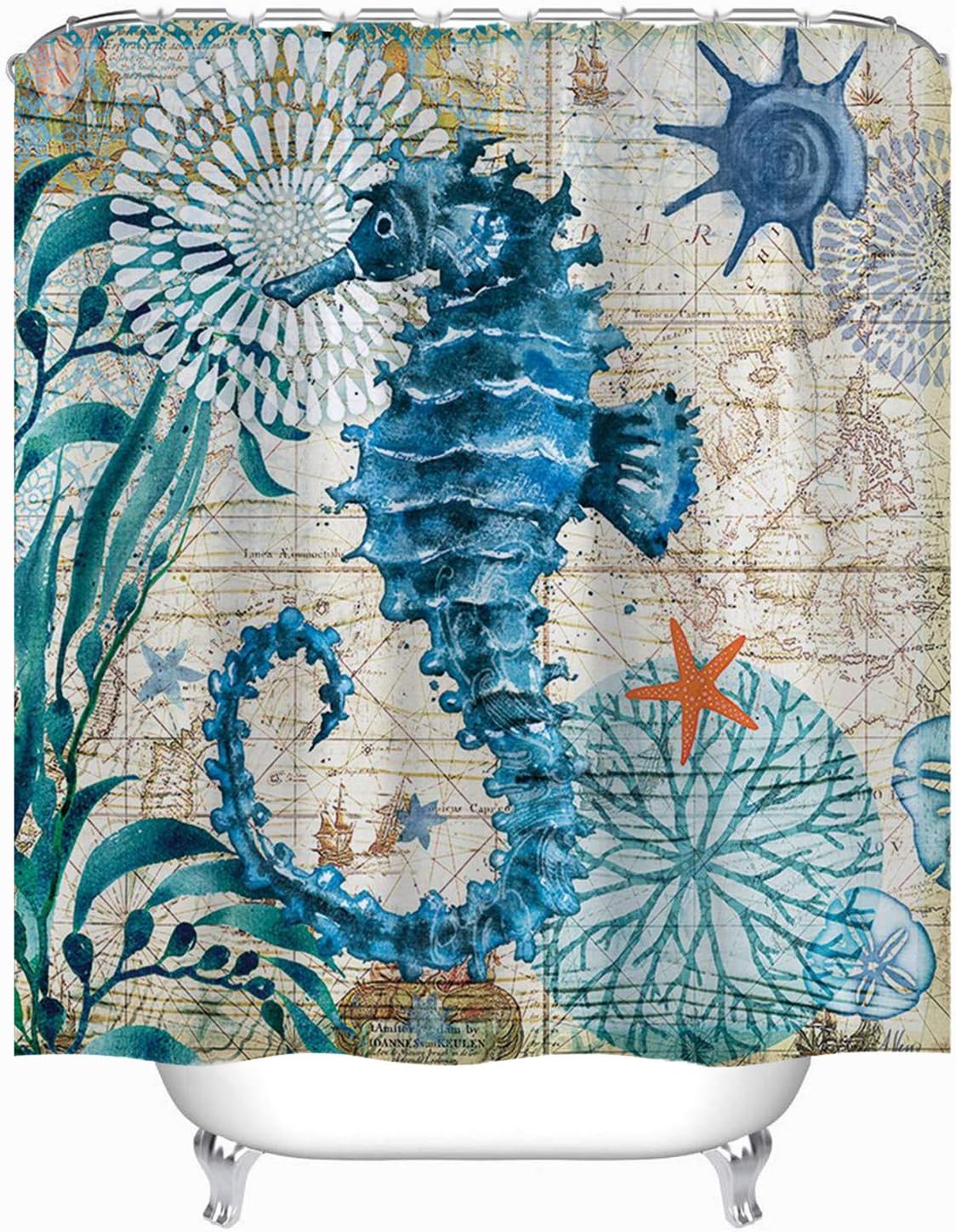 Sea Horse And Ocean Animal Beach Theme Shower Curtain For Coastal Bathroom Decor