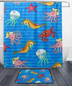 Sea Horse Crab Jellyfish Octopus Starfish Decorative Shower Curtain, Waterproof Bathroom