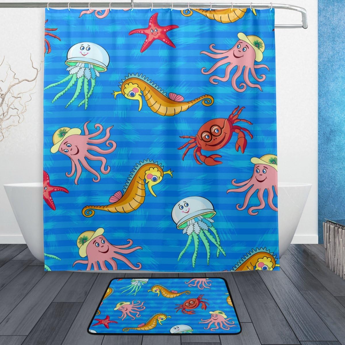 Sea Horse Crab Jellyfish Octopus Starfish Decorative Shower Curtain, Waterproof Bathroom