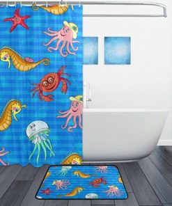 Sea Horse Crab Jellyfish Octopus Starfish Decorative Shower Curtain, Waterproof Bathroom