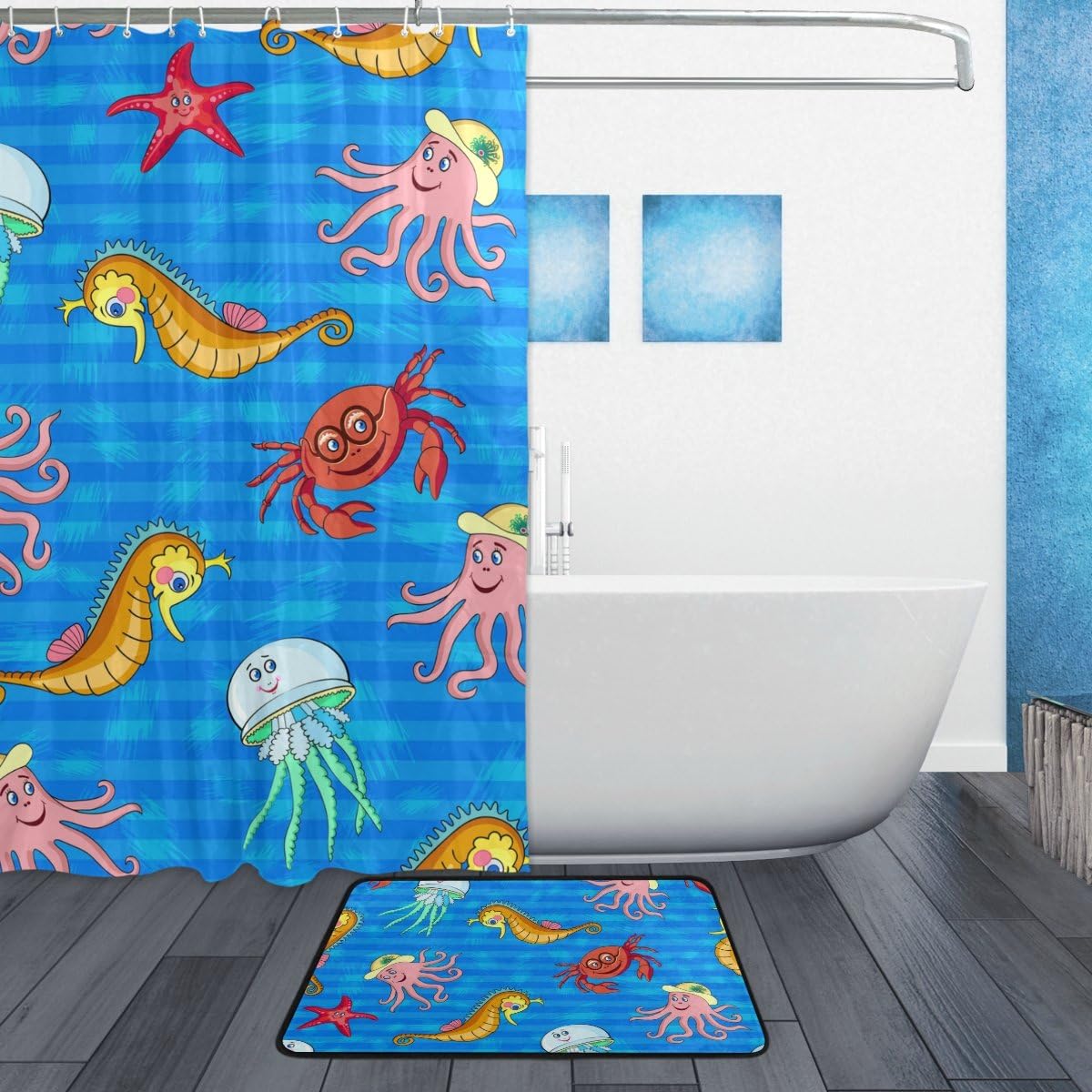 Sea Horse Crab Jellyfish Octopus Starfish Decorative Shower Curtain, Waterproof Bathroom