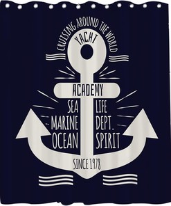 Sea Life Academy Since 1978 Anchor Shower Curtain - LB Nautical Navy Blue Ocean Themed Bathroom Decor