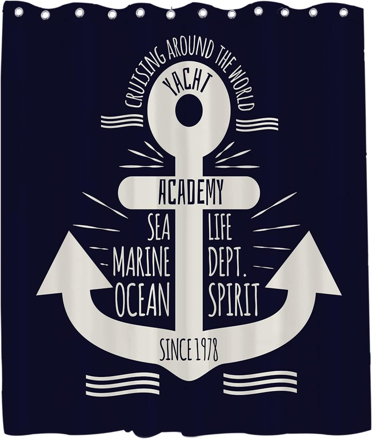 Sea Life Academy Since 1978 Anchor Shower Curtain - LB Nautical Navy Blue Ocean Themed Bathroom Decor