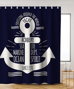 Sea Life Academy Since 1978 Anchor Shower Curtain - LB Nautical Navy Blue Ocean Themed Bathroom Decor