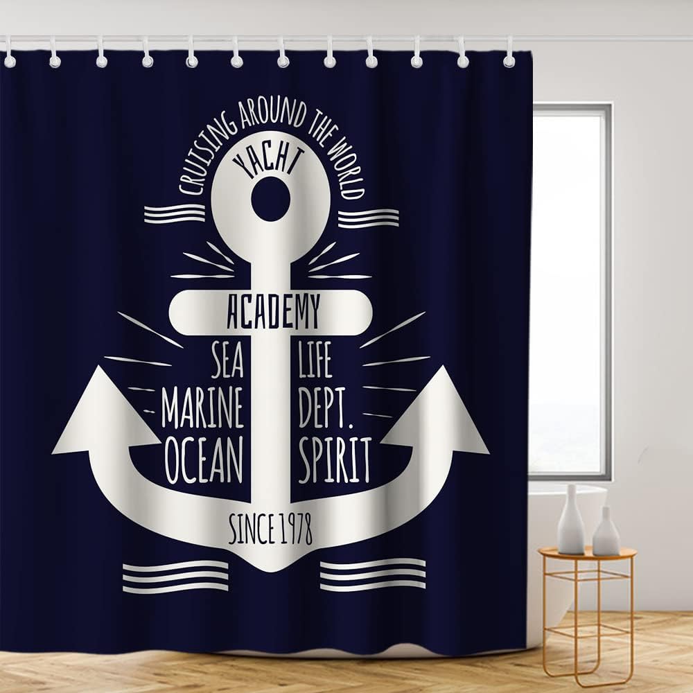Sea Life Academy Since 1978 Anchor Shower Curtain - LB Nautical Navy Blue Ocean Themed Bathroom Decor
