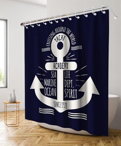 Sea Life Academy Since 1978 Anchor Shower Curtain - LB Nautical Navy Blue Ocean Themed Bathroom Decor