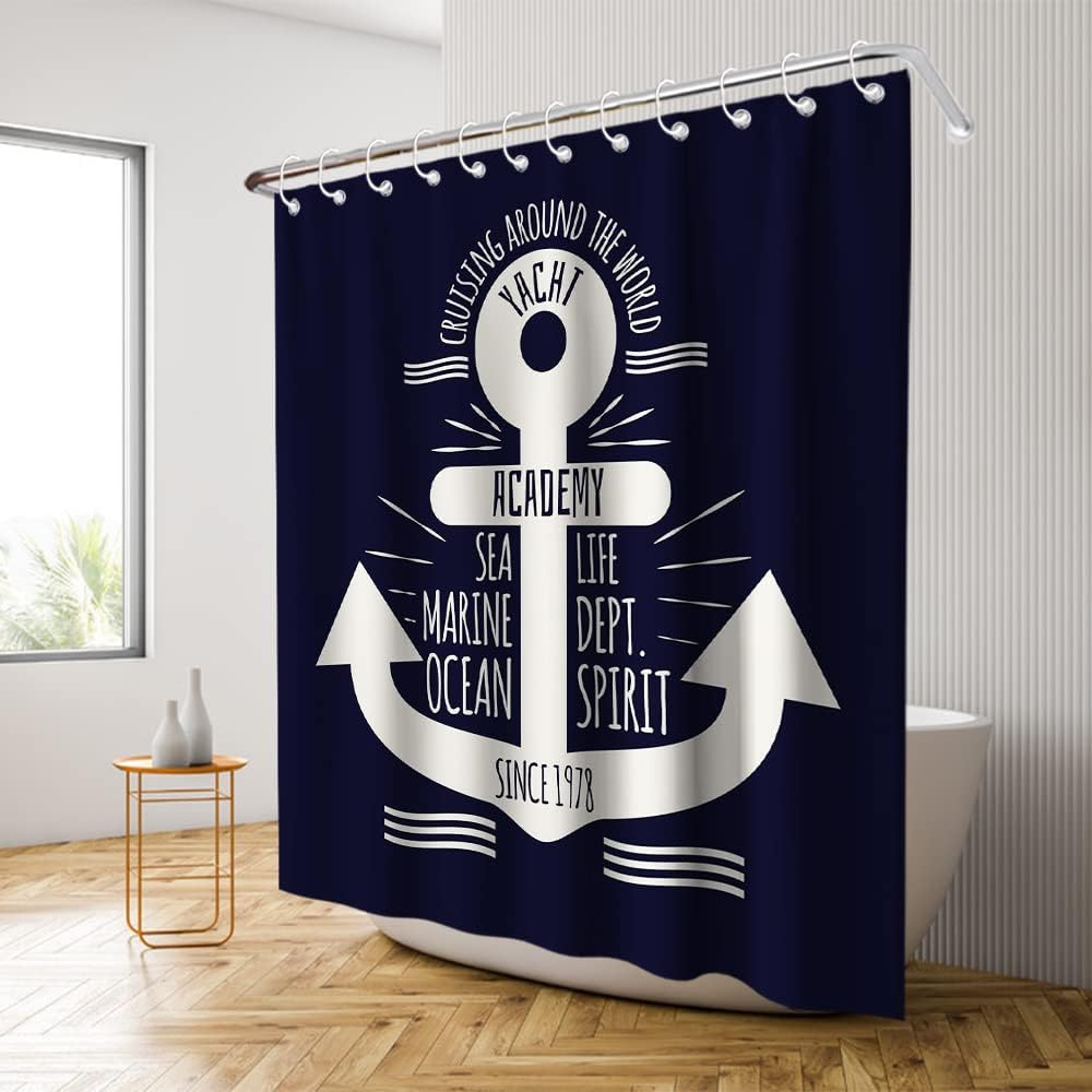 Sea Life Academy Since 1978 Anchor Shower Curtain - LB Nautical Navy Blue Ocean Themed Bathroom Decor