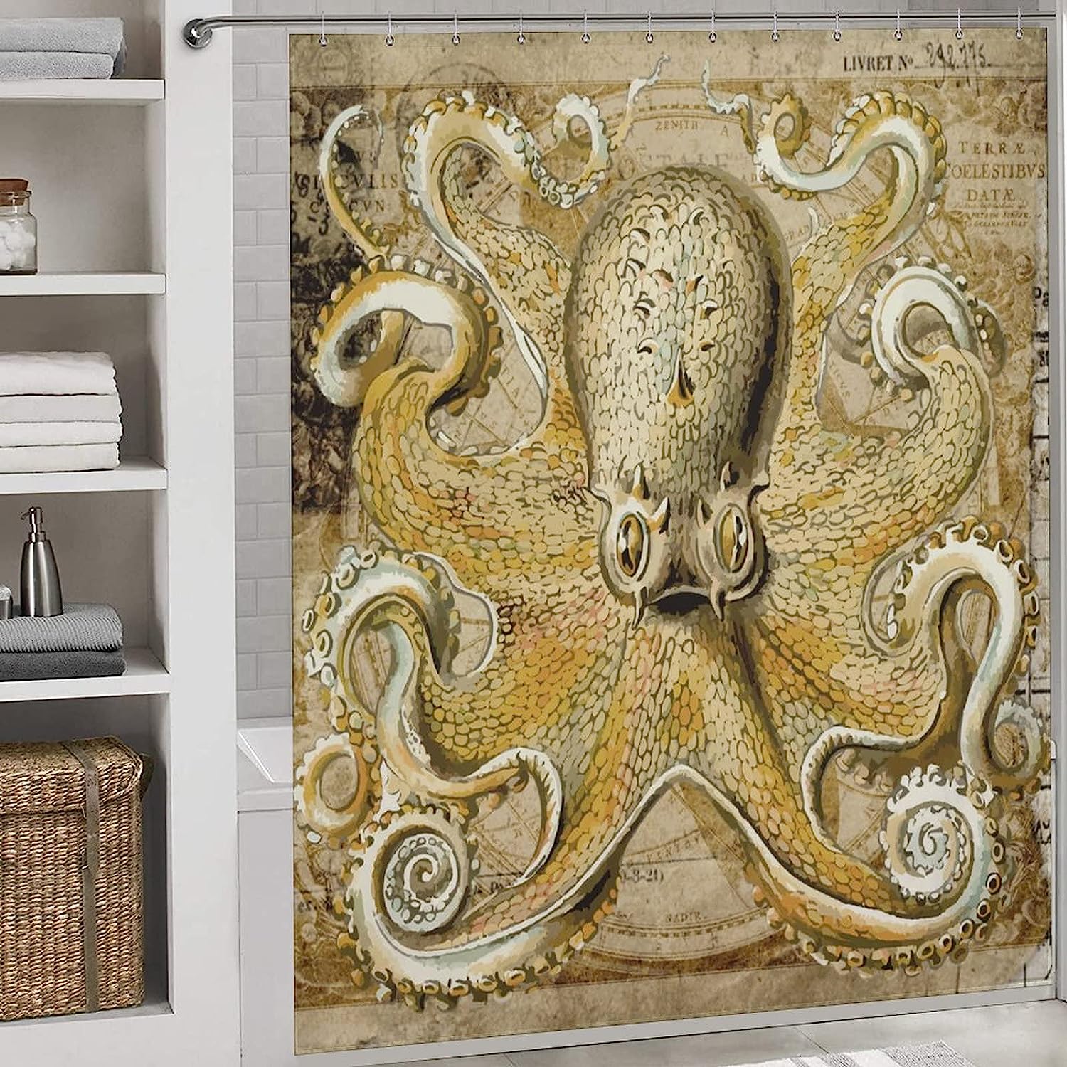 Sea Life Octopus Fabric Shower Curtain For A Coastal Bathroom