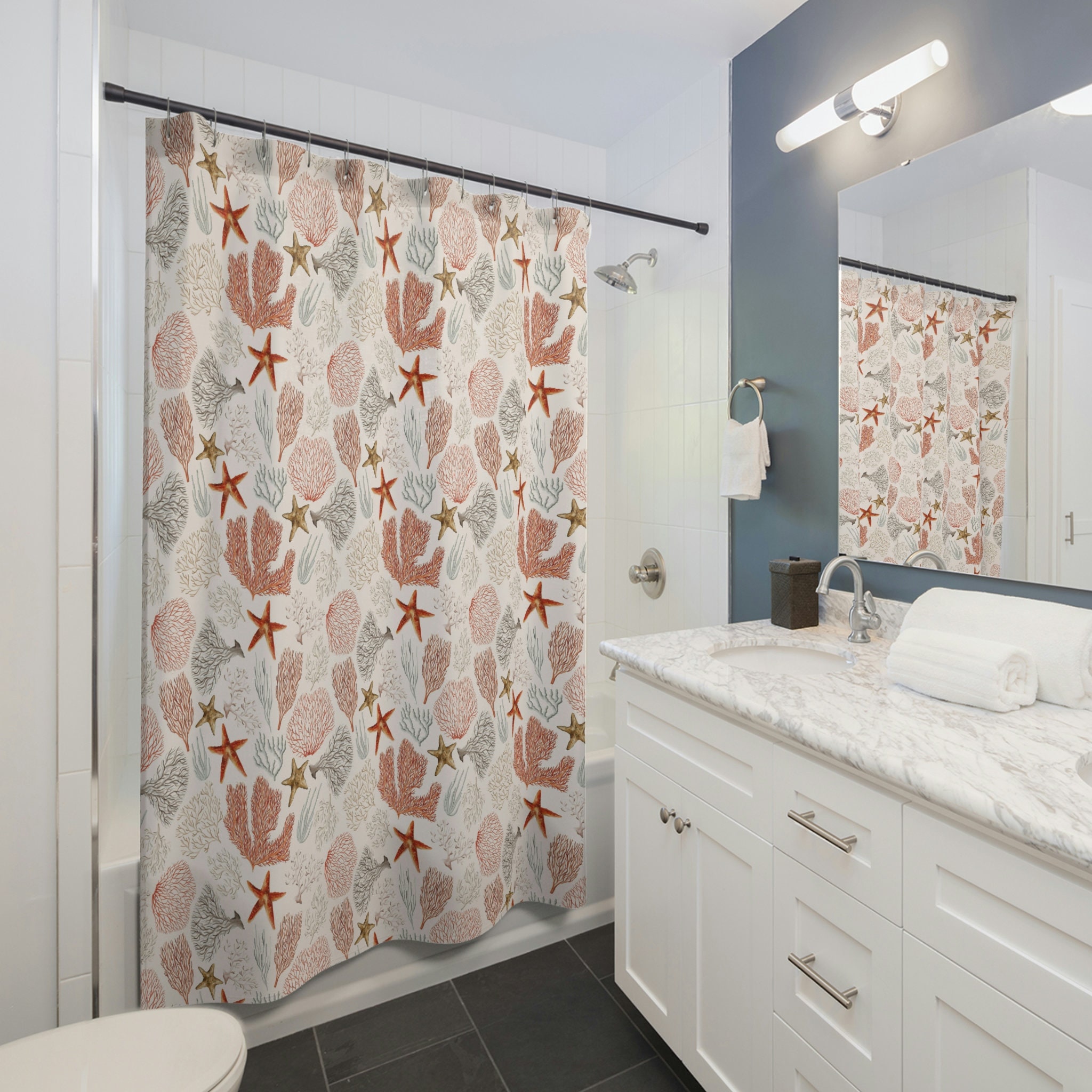 Sea Life Print Shower Curtain Creative Fabric for Underwater Themed Bathroom Decor