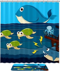 Sea Life Print Shower Curtain, Shark Attack Ship Sea Turtle Whale Octopus Design for Bathroom Decor