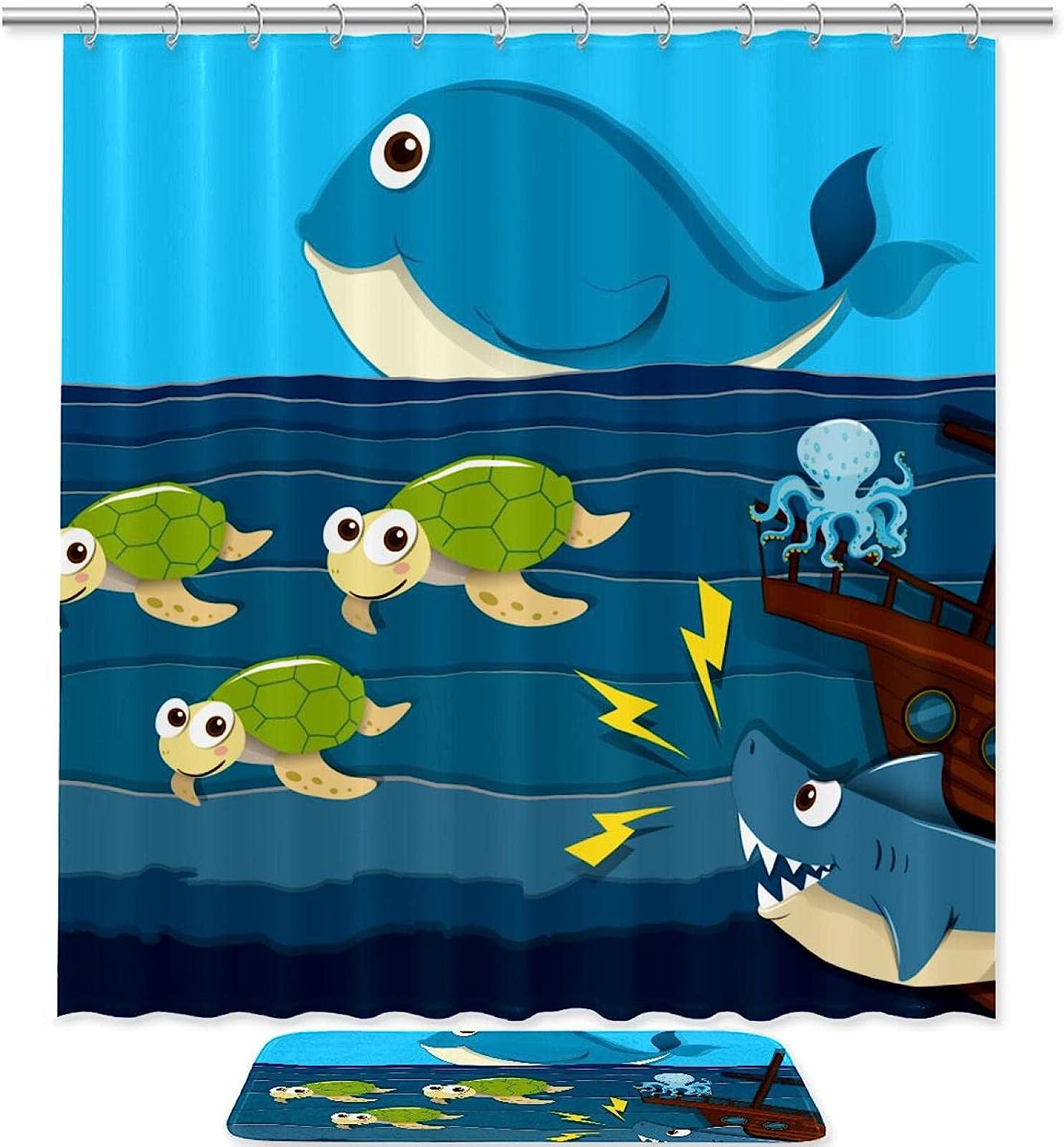 Sea Life Print Shower Curtain, Shark Attack Ship Sea Turtle Whale Octopus Design for Bathroom Decor