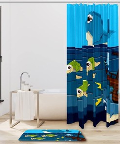 Sea Life Print Shower Curtain, Shark Attack Ship Sea Turtle Whale Octopus Design for Bathroom Decor