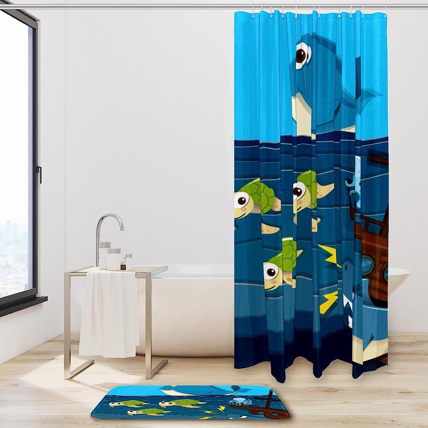 Sea Life Print Shower Curtain, Shark Attack Ship Sea Turtle Whale Octopus Design for Bathroom Decor