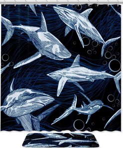 Sea Life Sharks And Oceanic Creatures Shower Set With Waterproof Fabric And Bath Accessories