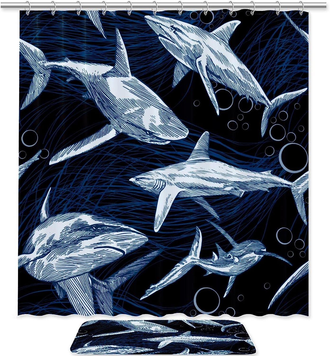 Sea Life Sharks And Oceanic Creatures Shower Set With Waterproof Fabric And Bath Accessories