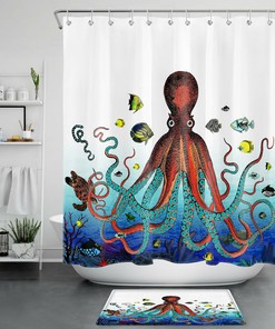 Sea Life Shower Curtain featuring Sea Turtles, Octopus, and Fish for a Tropical Bathroom
