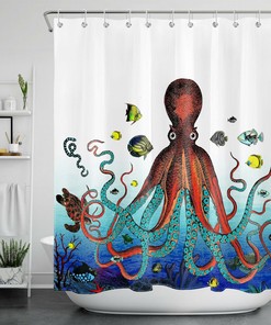 Sea Life Shower Curtain featuring Sea Turtles, Octopus, and Fish for a Tropical Bathroom