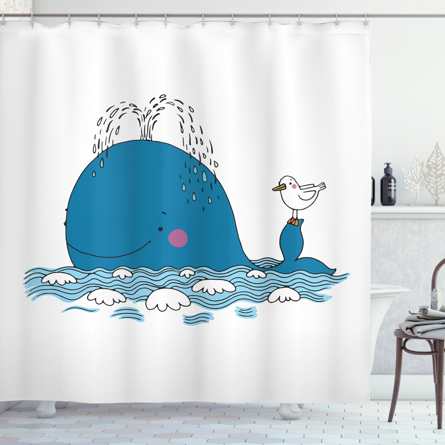 Sea Mammal with Seagull Print Whale Shower Curtain for Coastal Home Decor