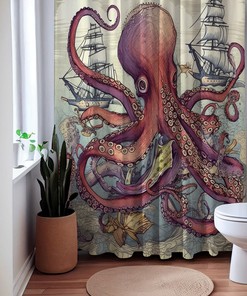 Sea Mayhem Octopus Sea Creature Shower Curtain, Underwater Bathroom Decor