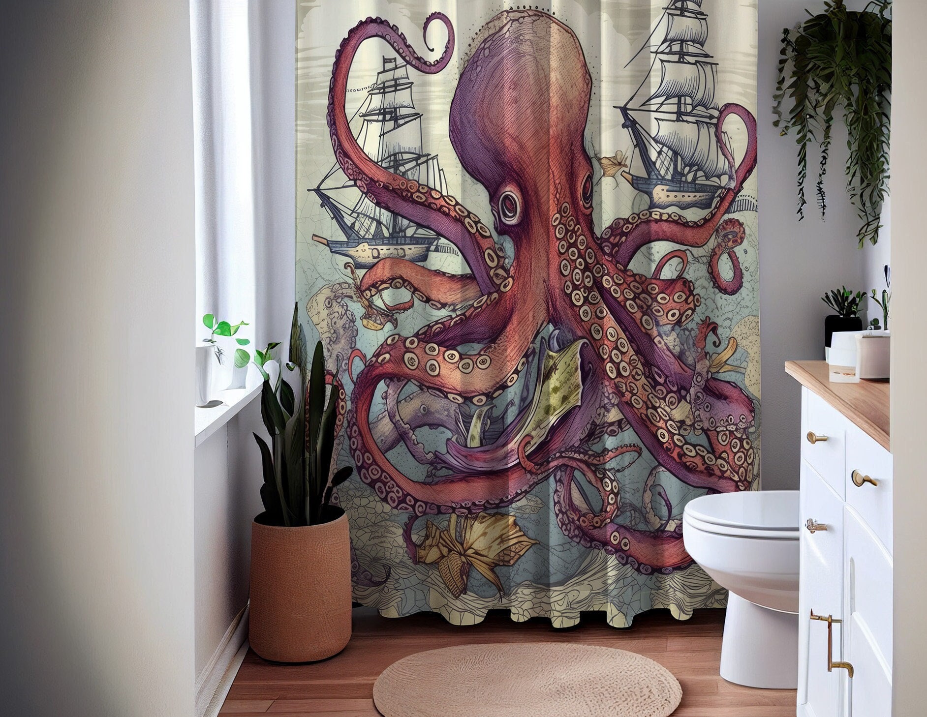 Sea Mayhem Octopus Sea Creature Shower Curtain, Underwater Bathroom Decor