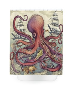 Sea Mayhem Octopus Sea Creature Shower Curtain, Underwater Bathroom Decor