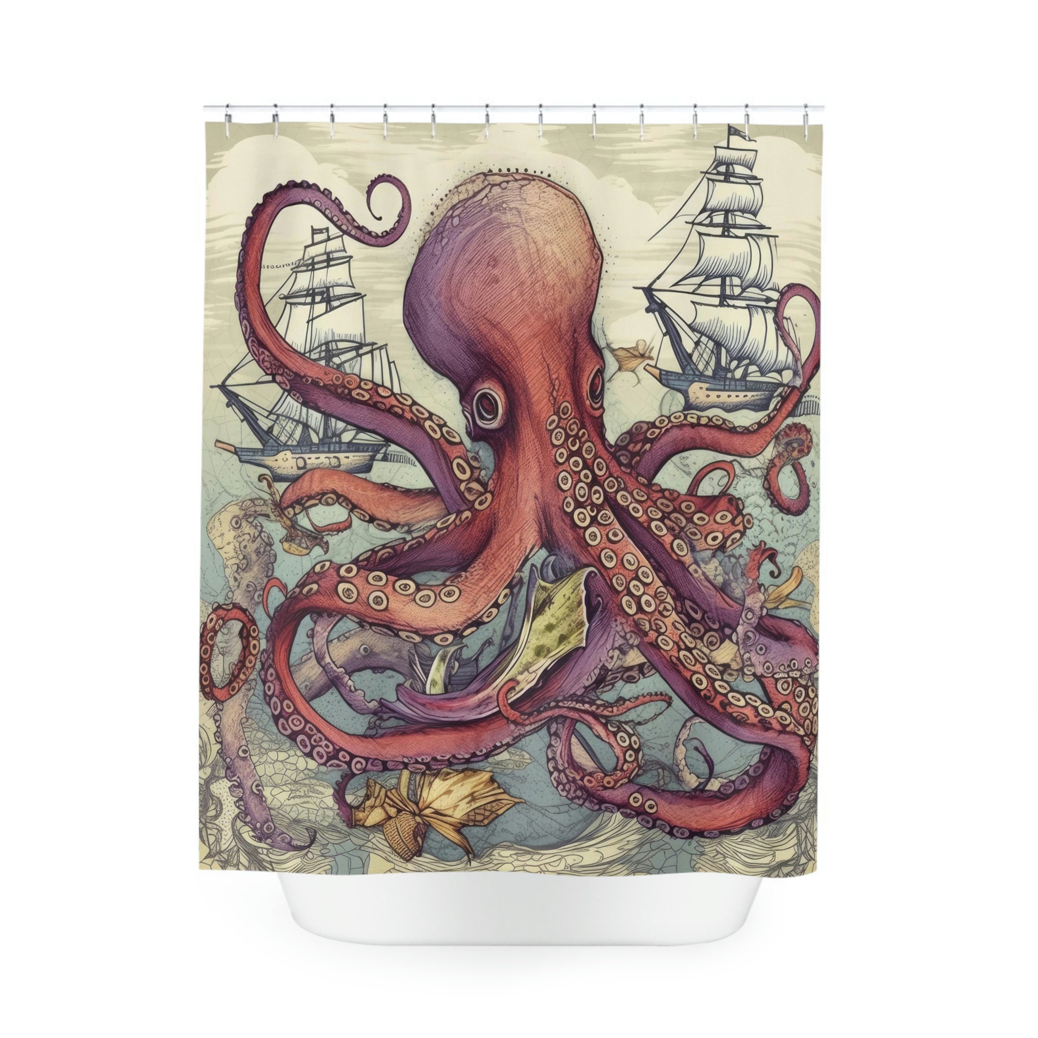 Sea Mayhem Octopus Sea Creature Shower Curtain, Underwater Bathroom Decor