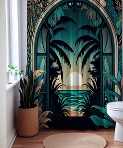 Sea Mist Tropical Art Deco Floral Chic Shower Curtain, perfect Housewarming Gift with Bathroom Theme