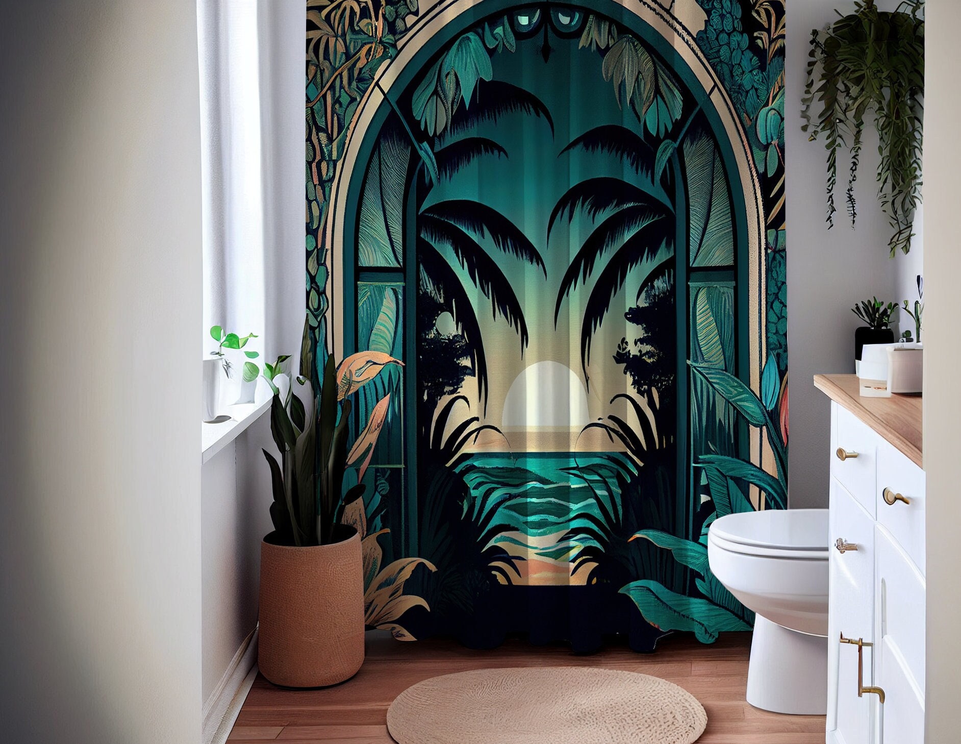 Sea Mist Tropical Art Deco Floral Chic Shower Curtain, perfect Housewarming Gift with Bathroom Theme