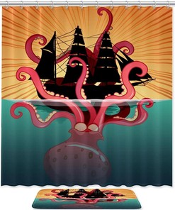 Sea Monster Octopus Sailing Ship Print Shower Curtain For Bathroom Tub Set