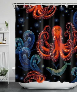 Sea Monster Octopus Shower Curtain for a Coastal Bathroom.