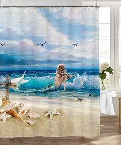 Sea Ocean Mermaid Girl Print Shower Curtain Decor for Beach Bathroom