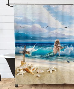 Sea Ocean Mermaid Girl Print Shower Curtain Decor for Beach Bathroom