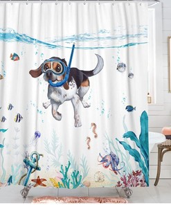 Sea Ocean Shower Curtain With Diving Dog - Waterproof Fabric Bathroom Curtain For Animal And Ocean Lovers