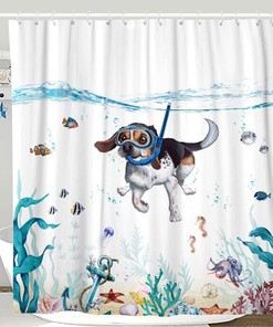 Sea Ocean Shower Curtain With Diving Dog - Waterproof Fabric Bathroom Curtain For Animal And Ocean Lovers