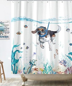 Sea Ocean Shower Curtain With Diving Dog - Waterproof Fabric Bathroom Curtain For Animal And Ocean Lovers