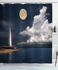 Sea Print Old Lighthouse Moon Shower Curtain - A Seascape And Tranquil Design For Your Bathroom