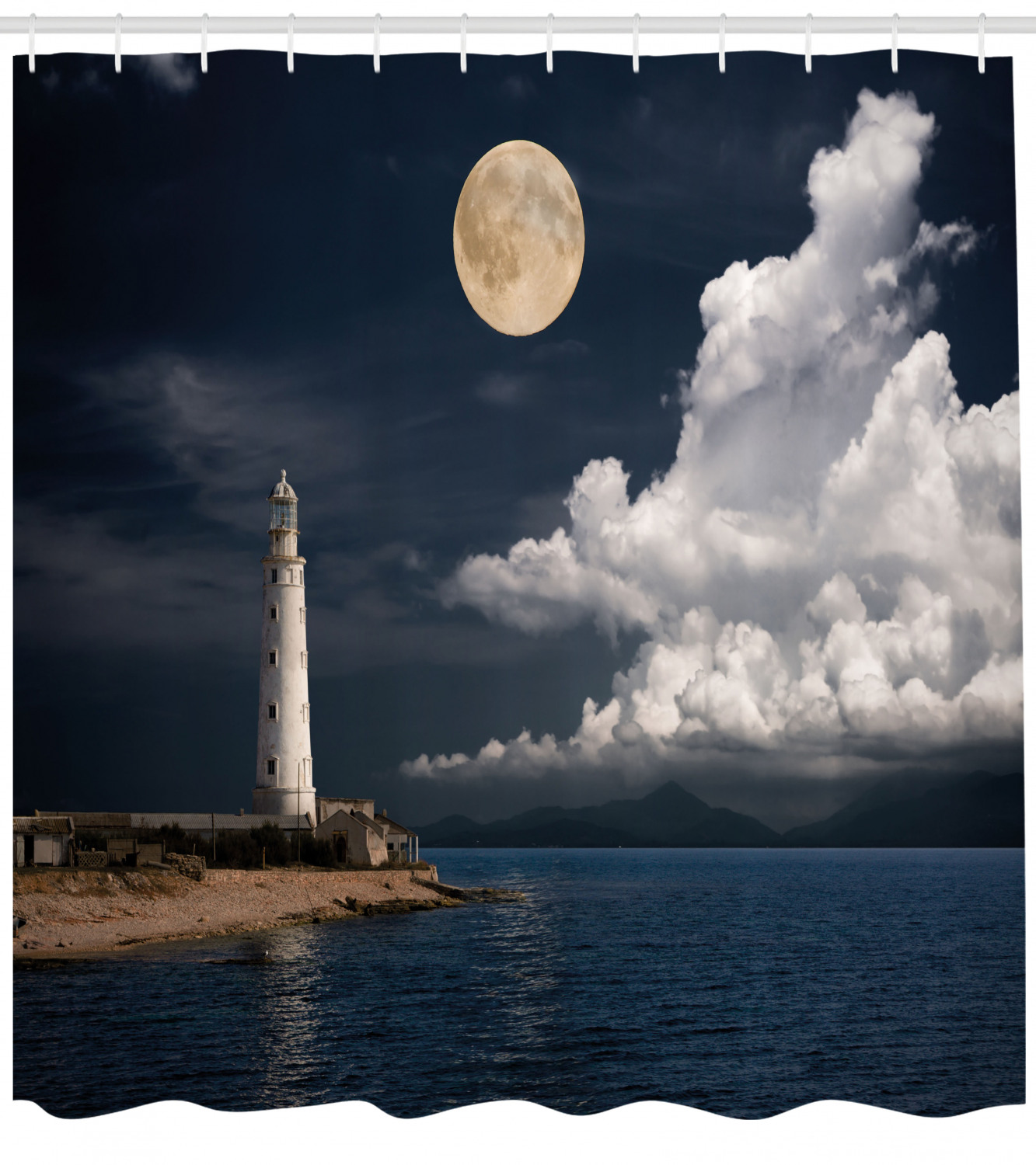 Sea Print Old Lighthouse Moon Shower Curtain - A Seascape And Tranquil Design For Your Bathroom - Image 4