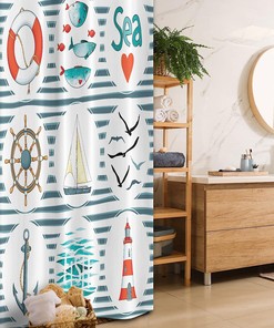 Sea Set Fishes Life Gulls Lighthouse Marine Inspired Maritime Theme Red And Blue Nautical Stall Shower Curtain