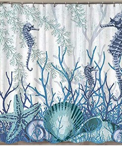Sea Shells Seahorse Starfish Pattern Blue Ocean - Restroom Shower Curtains with Colorful Designs