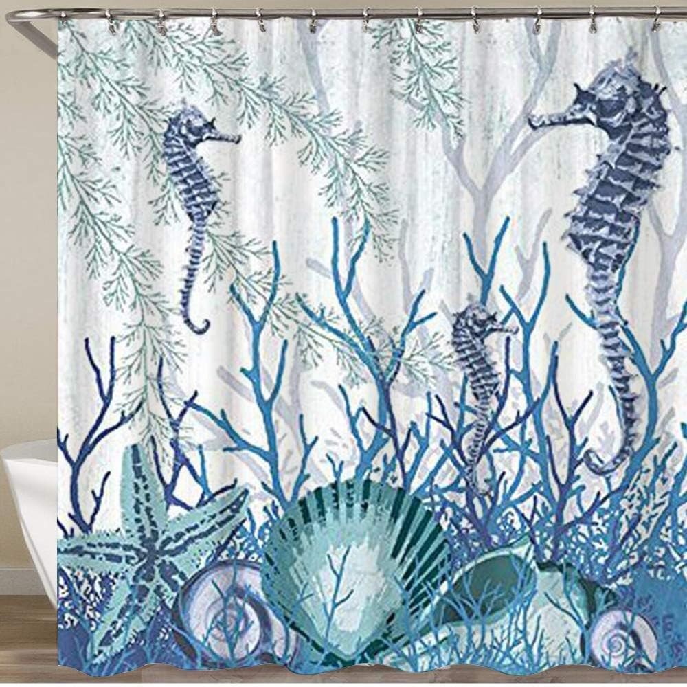 Sea Shells Seahorse Starfish Pattern Blue Ocean - Restroom Shower Curtains with Colorful Designs