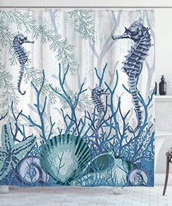 Sea Shells Seahorse Starfish Pattern Blue Ocean - Restroom Shower Curtains with Colorful Designs