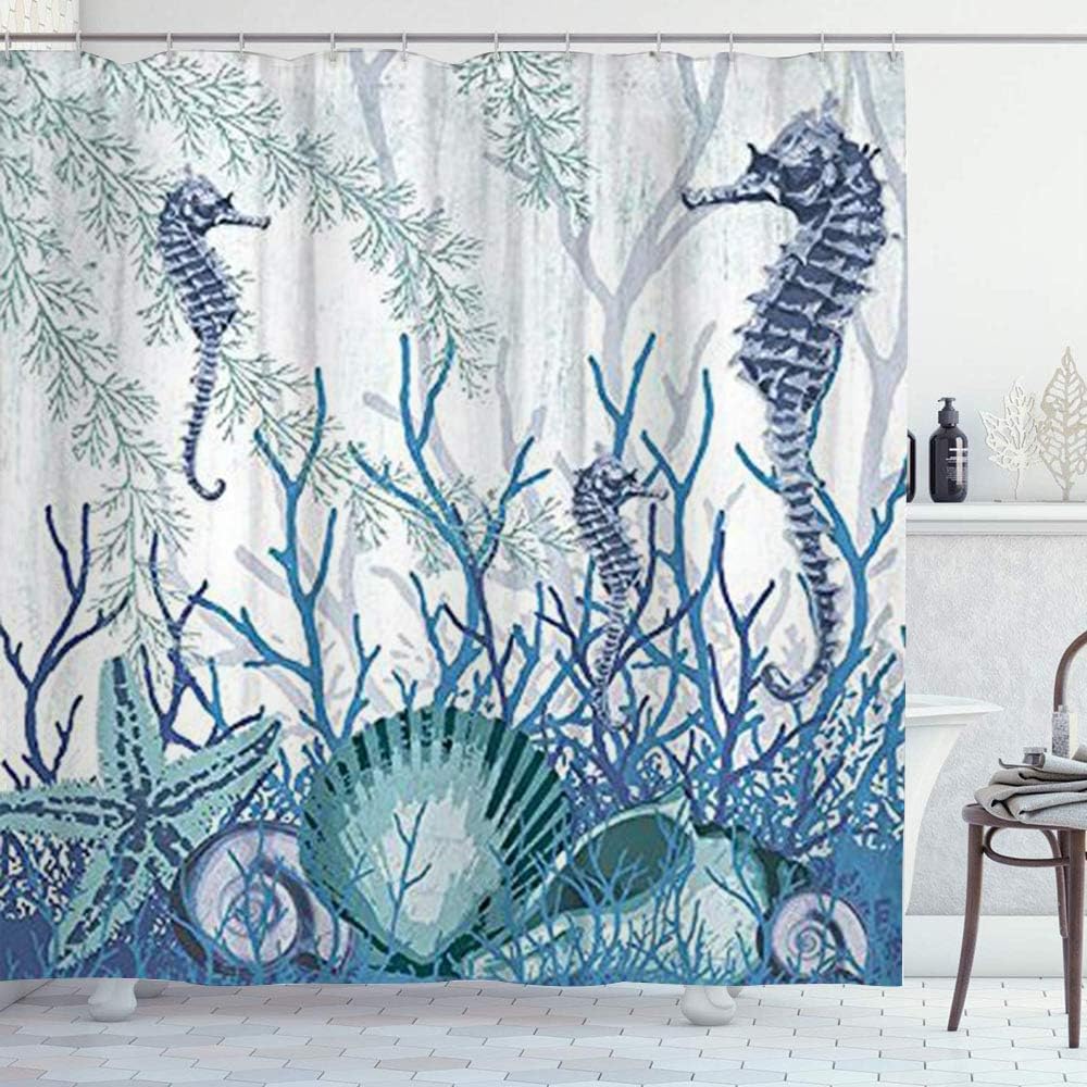 Sea Shells Seahorse Starfish Pattern Blue Ocean - Restroom Shower Curtains with Colorful Designs