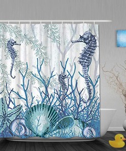 Sea Shells Seahorse Starfish Pattern Blue Ocean - Restroom Shower Curtains with Colorful Designs