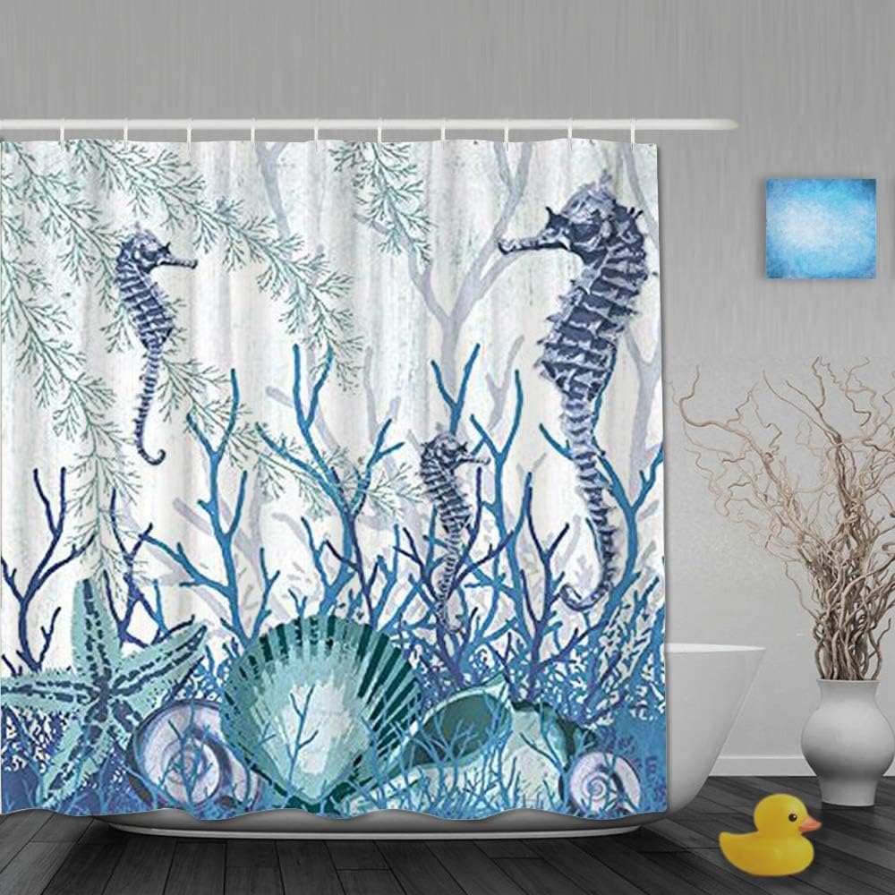 Sea Shells Seahorse Starfish Pattern Blue Ocean - Restroom Shower Curtains with Colorful Designs