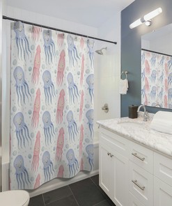 Sea Squid and Octopus Shower Curtain for Nautical Bathroom Decor, 72x72 - Unique Shower Curtains