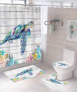 Sea Turtle Print Shower CurtainOceanic Wood Bathroom Decor for Women & Kids