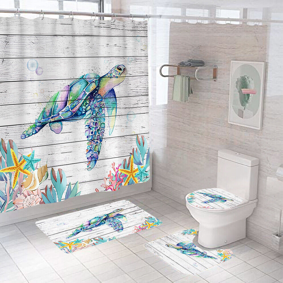 Sea Turtle Print Shower CurtainOceanic Wood Bathroom Decor for Women & Kids