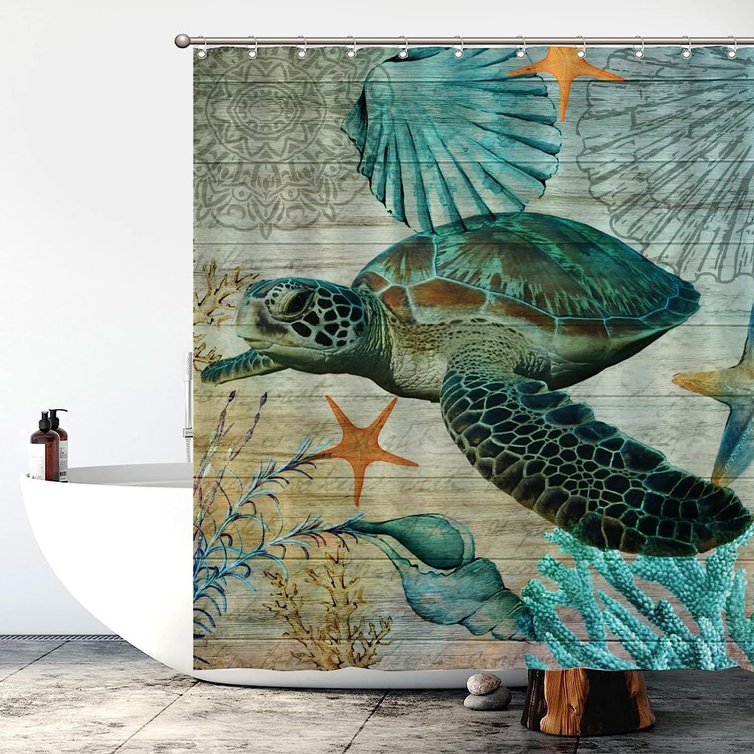 Sea Turtle Shower Curtain - Heavy Weight and Water Repellent Fabric Curtain for Ocean Lovers