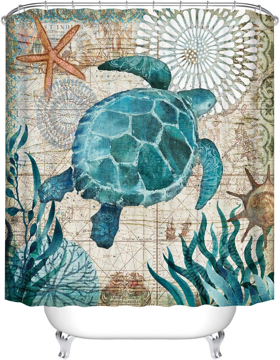 Sea Turtle Shower Curtain Ocean Animal Print Waterproof Fabric Bathroom Decor