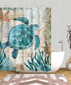 Sea Turtle Shower Curtain Ocean Animal Print Waterproof Fabric Bathroom Decor